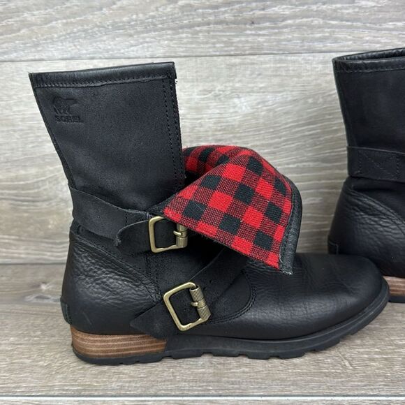 Sorel Major Moto Black Leather Women’s Sz 8 Waterproof Red Plaid Fold-Over Boots - Picture 13 of 14